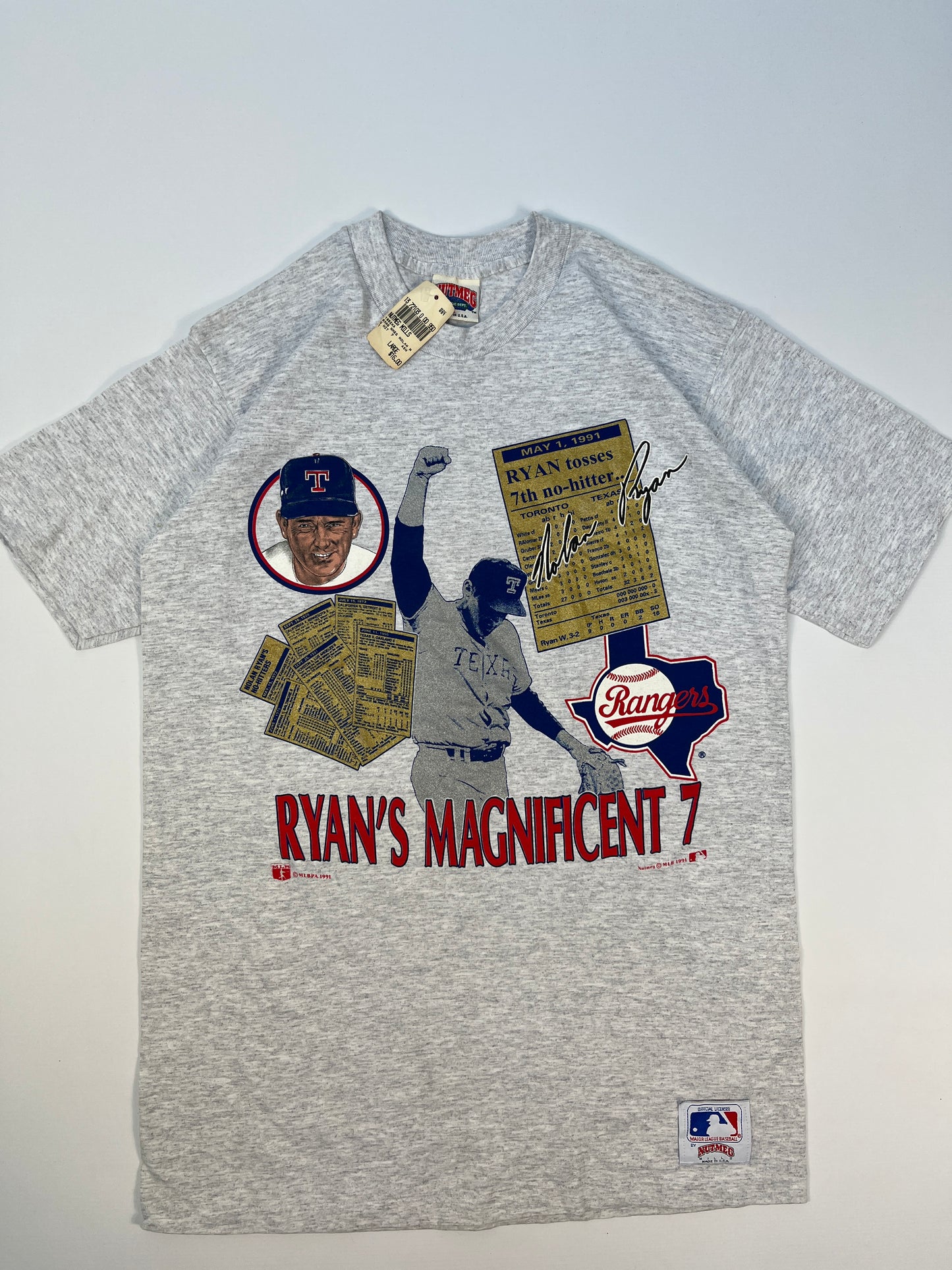 Vintage 1991 Nutmeg Texas Rangers Ryan's Magnificent 7 Single Stich T-shirt - L