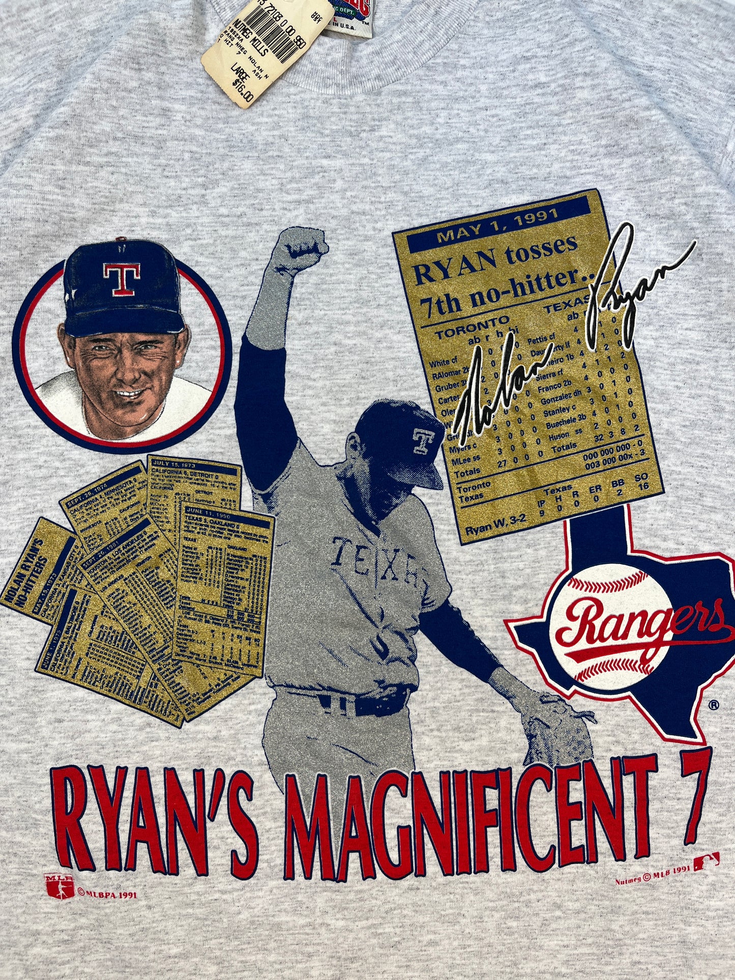 Vintage 1991 Nutmeg Texas Rangers Ryan's Magnificent 7 Single Stich T-shirt - L