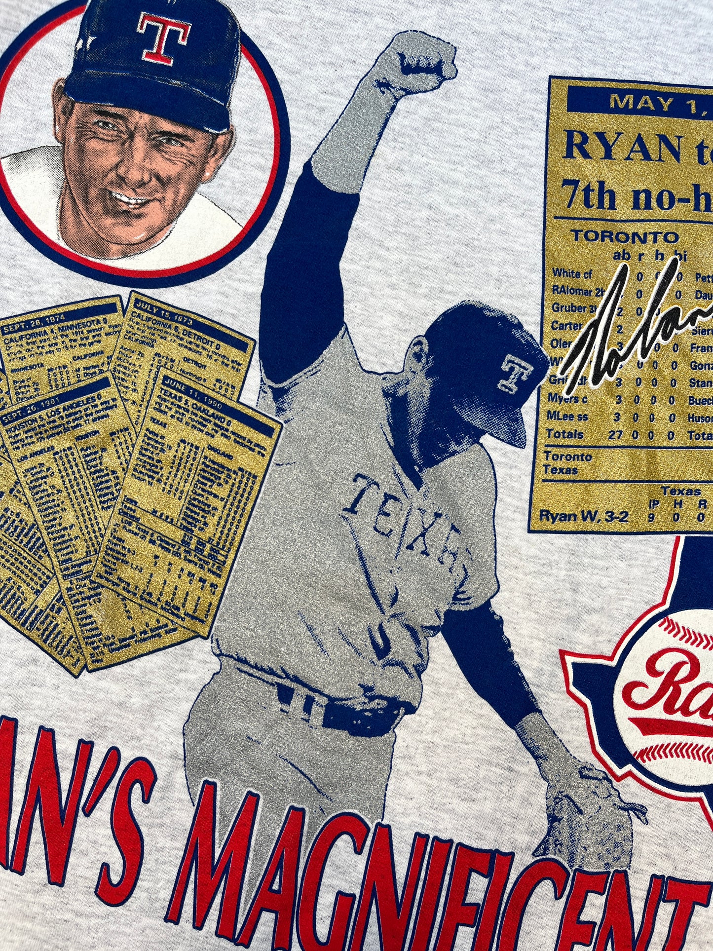 Vintage 1991 Nutmeg Texas Rangers Ryan's Magnificent 7 Single Stich T-shirt - L