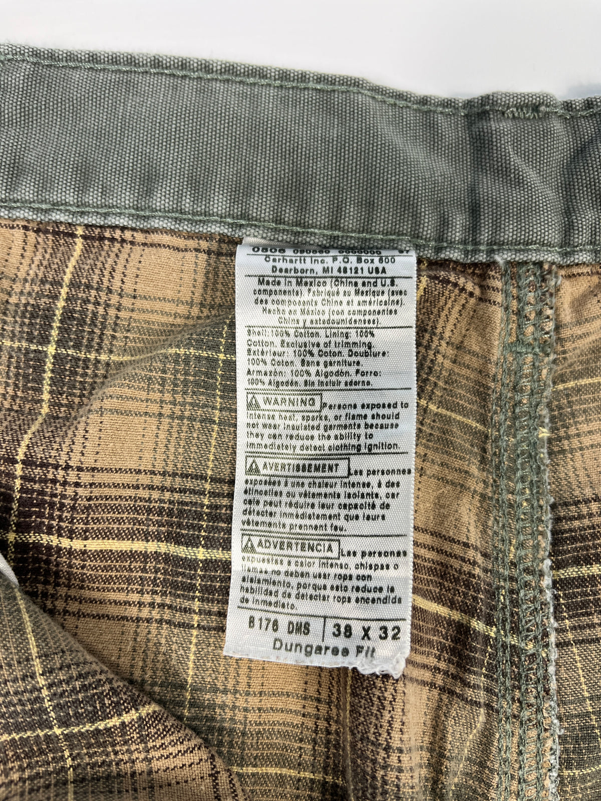 Carhartt Carpenter B176 Flannel Lined DMS - Dark Moss Green - 38 x 32 - Made in Mexico of USA Components